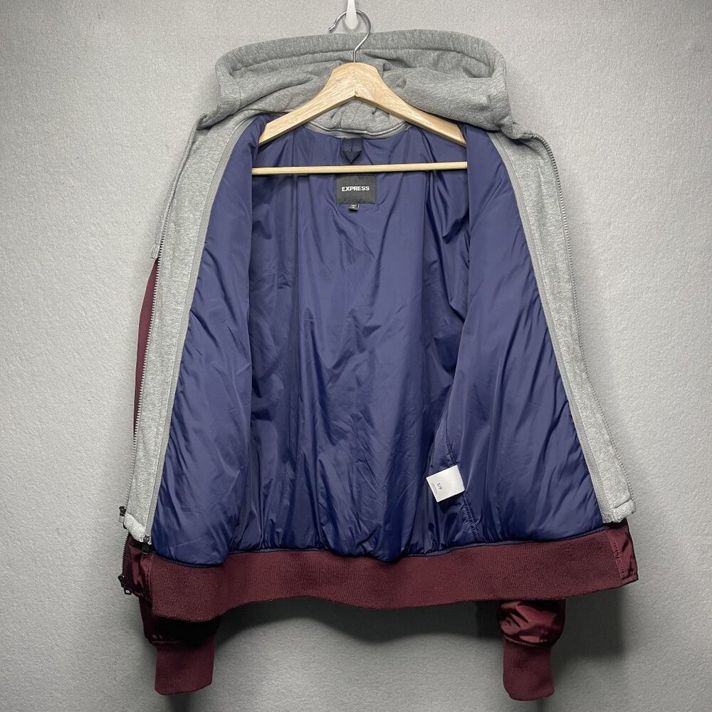 Express Women's Burgundy Bomber Jacket With Gray Hood Lined S/P - Picture 5 of 8